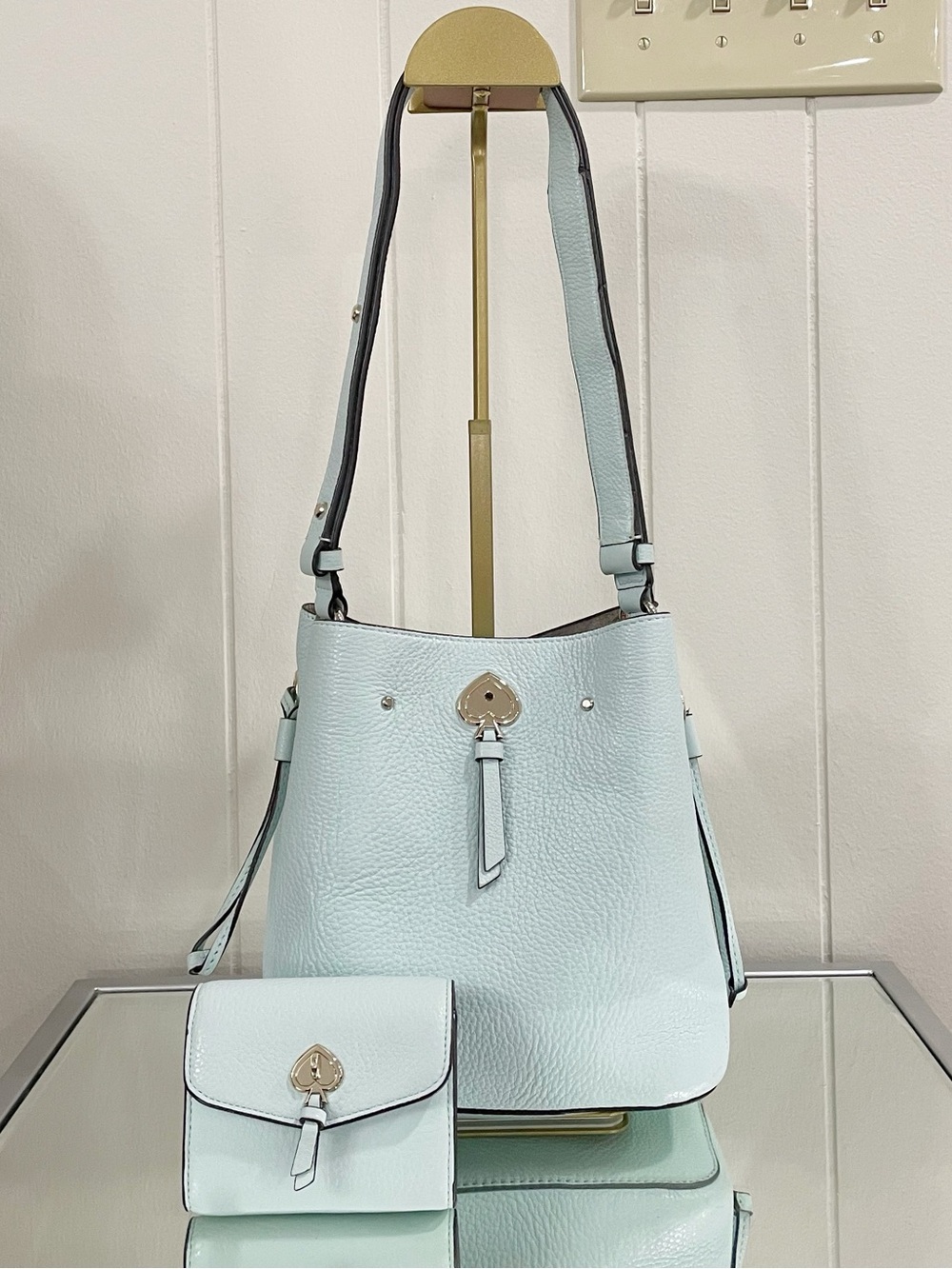 Light Blue Kate Spade Leather Bucket Bag with Matching Wallet